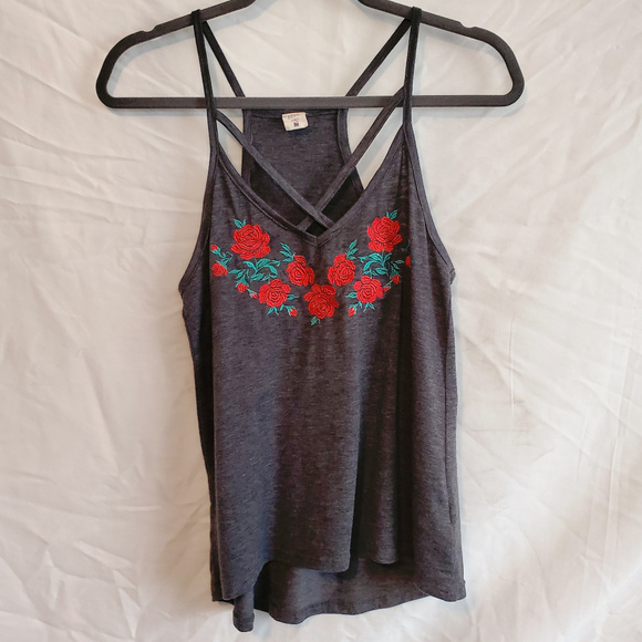 (3 for $30) Gray Tank with Rose Embroidery - Picture 1 of 3